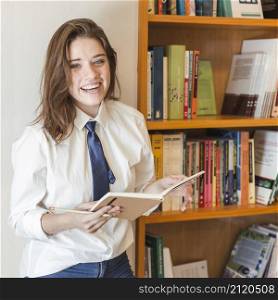 laughing teenager with notebook near bookcase