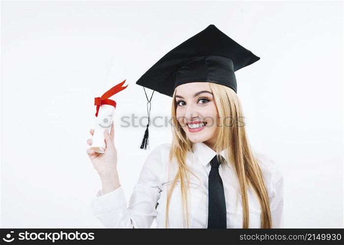 laughing woman showing graduate certificate