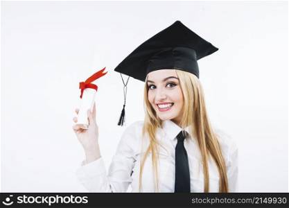 laughing woman showing graduate certificate
