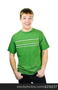 Laughing young man standing isolated on white background