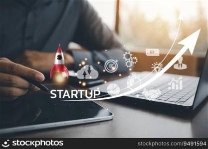 Launch your startup with this rocket icon taking off from a laptop, symbolizing growth, innovation, and success. Network connection on modern virtual interface.