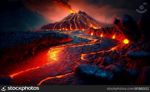 Lava filed in front of volcano eruption. Lava flow down the slopes. Smoke rises in night sky. Generative AI.. Lava filed in front of volcano eruption. Lava flow down the slopes. Smoke rises in night sky. Generative AI