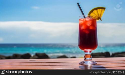 Lava flow cocktail on background with blue sea and sky tropical background. Generative AI.. Lava flow cocktail on background with blue sea and sky tropical background. Generative AI