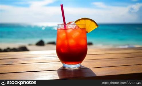 Lava flow cocktail on background with blue sea and sky tropical background. Generative AI.. Lava flow cocktail on background with blue sea and sky tropical background. Generative AI