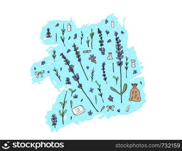Lavender concept in doodle style. Flowers elements isolated on white background. Vector illustration.
