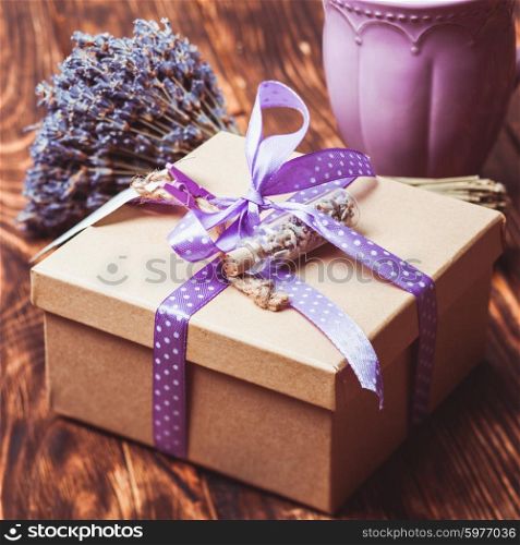 Lavender craft gift box with polka dot ribbon. Lavender gift box