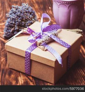Lavender craft gift box with polka dot ribbon. Lavender gift box