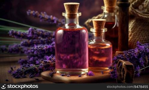 Lavender essential oil bottle with fresh flowers. Generative AI