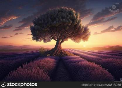 Lavender Field with Tree. Illustration Generative AI
