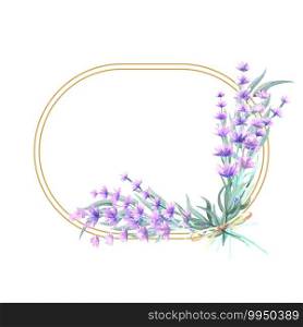 Lavender flowers in a oval gold frame. Hand-drawn watercolor illustration. For invitations, greeting cards, prints, posters, advertising.. Lavender flowers in a oval gold frame. Hand-drawn watercolor illustration. For invitations, greeting cards, prints, posters, advertising