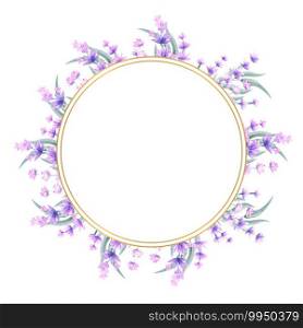 Lavender flowers in a round gold frame. Hand-drawn watercolor illustration. For invitations, greeting cards, prints, posters, advertising.. Lavender flowers in a round gold frame. Hand-drawn watercolor illustration. For invitations, greeting cards, prints, posters, advertising