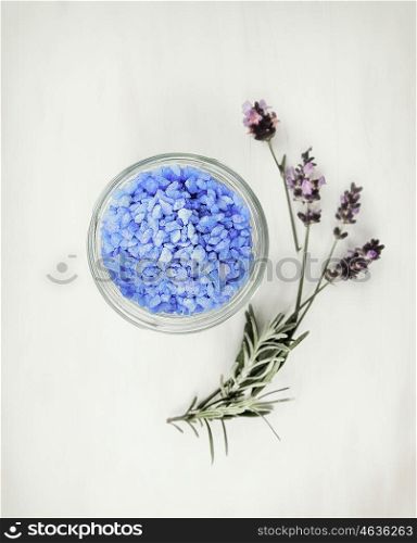 Lavender sea salt in glass jar, top view