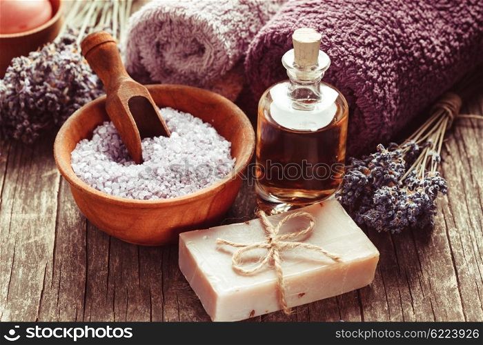 Lavender spa - essential oil, seasalt, violet towels and handmade soap