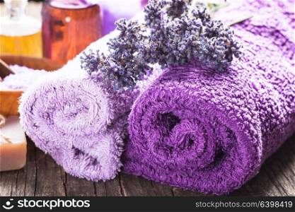 Lavender spa - essential oil, seasalt, violet towels and handmade soap. Lavender spa set