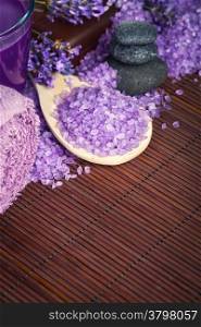 Lavender spa. Health and beauty composition on bamboo mat background