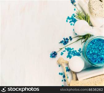 Lavender spa setting on light background, top view, border