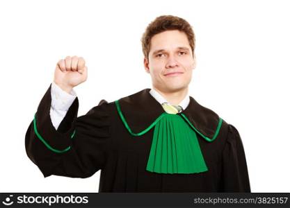 Law court and justice. Man lawyer attorney in polish (Poland) black green gown counting on fingers zero fist isolated on white.