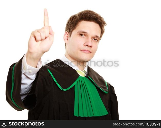 Law court and justice. Man lawyer attorney in polish (Poland) black green gown counting on fingers one isolated on white.