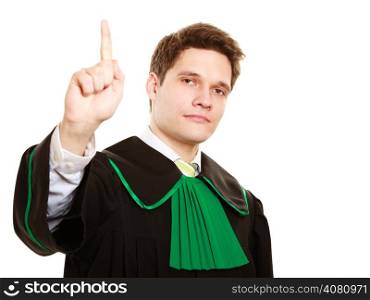 Law court and justice. Man lawyer attorney in polish (Poland) black green gown counting on fingers one isolated on white.