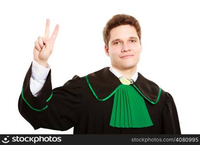 Law court and justice. Man lawyer attorney in polish (Poland) black green gown counting on fingers two isolated on white.