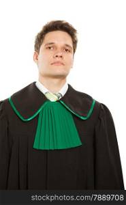 Law court and justice. Portrait of young man lawyer attorney in polish (Poland) black green gown isolated on white. Occupation.