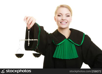 Law court concept. Woman lawyer attorney wearing classic polish black green gown holds scales. Femida - symbol sign of justice. isolated on white