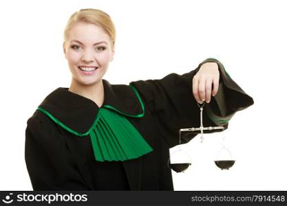 Law court concept. Woman lawyer attorney wearing classic polish black green gown holds scales. Femida - symbol sign of justice. isolated on white
