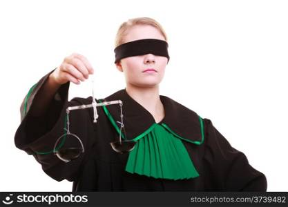Law court concept. Woman lawyer attorney wearing classic polish (Poland) black green gown with covered eyes holds scales. Femida - symbol sign of justice. isolated on white background