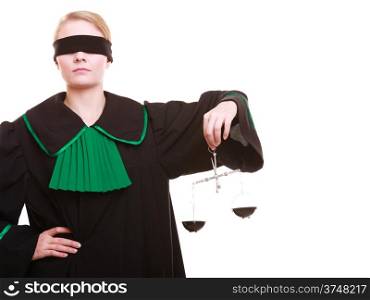 Law court concept. Woman lawyer attorney wearing classic polish (Poland) black green gown with covered eyes holds scales. Femida - symbol sign of justice. isolated on white background