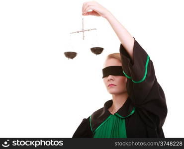 Law court concept. Woman lawyer attorney wearing classic polish (Poland) black green gown with covered eyes holds scales. Femida - symbol sign of justice. isolated on white background