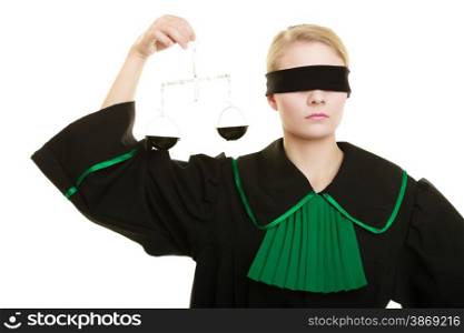 Law court concept. Woman lawyer wearing classic polish black green gown with covered eyes holds scales. Femida - symbol sign of justice. isolated on white