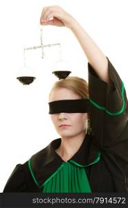 Law court concept. Woman lawyer wearing classic polish black green gown with covered eyes holds scales. Femida - symbol sign of justice. isolated on white