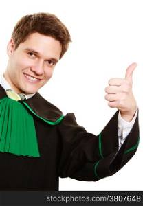 Law court. Man lawyer attorney in polish (Poland) black green gown showing thumb up success hand sign gesture isolated on white