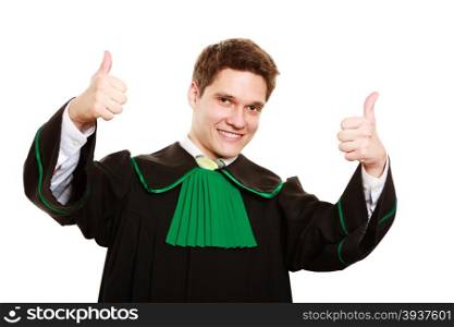 Law court. Man lawyer attorney in polish (Poland) black green gown showing thumb up success hand sign gesture isolated on white
