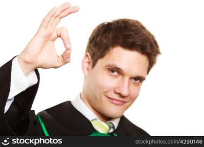 Law court. Man lawyer attorney in polish (Poland) black green gown showing ok okay success hand sign gesture isolated on white