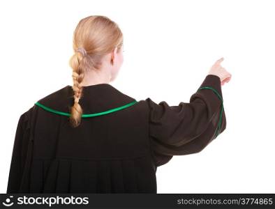 Law court or justice concept. Back view of woman polish lawyer attorney pointing direction with index finger isolated on white background