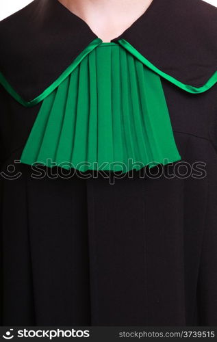 Law court or justice concept. Closeup of lawyer attorney classic polish (Poland) black green gown.