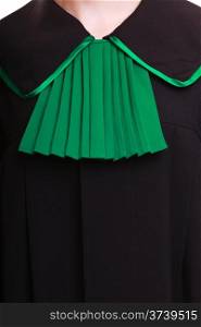 Law court or justice concept. Closeup of lawyer attorney classic polish (Poland) black green gown.