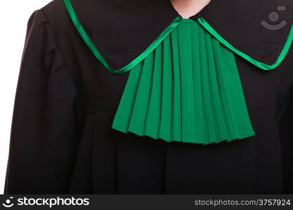 Law court or justice concept. Closeup of lawyer attorney classic polish (Poland) black green gown.