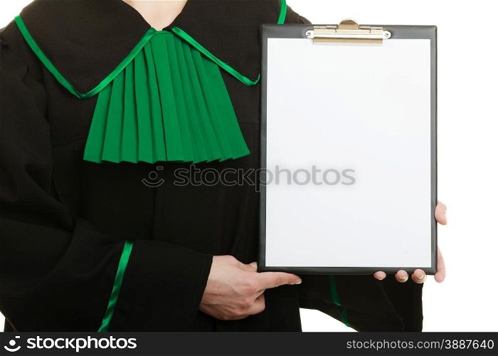Law court or justice concept. Closeup woman lawyer attorney wearing classic polish black green gown holding empty blank clipboard sign copy space for text. Isolated on white