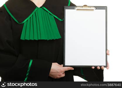 Law court or justice concept. Closeup woman lawyer attorney wearing classic polish black green gown holding empty blank clipboard sign copy space for text. Isolated on white