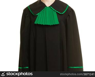 Law court or justice concept. Part of female body. Lawyer attorney wearing classic polish black green gown isolated on white