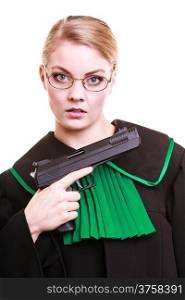 Law court or justice concept. Portrait of young woman lawyer attorney wearing classic polish (Poland) black green gown with weapon gun isolated on white. Crime.