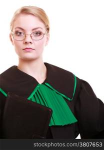 Law court or justice concept. Portrait of young woman lawyer attorney wearing classic polish (Poland) black green gown with glasses isolated on white background