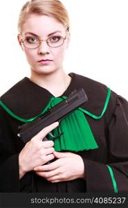 Law court or justice concept. Portrait of young woman lawyer attorney wearing classic polish (Poland) black green gown with weapon gun isolated on white. Crime.