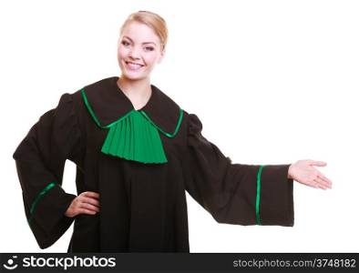Law court or justice concept. Portrait young woman lawyer attorney in classic polish (Poland) black green gown showing welcome inviting gesture hand sign isolated
