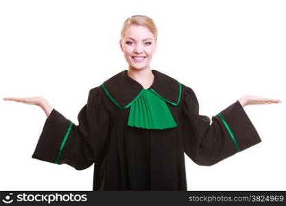 Law court or justice concept. Portrait young woman lawyer attorney in classic polish (Poland) black green gown with hands copy space blank isolated