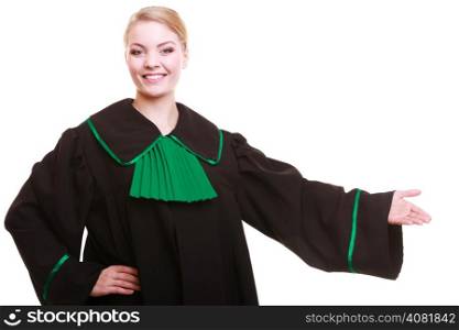 Law court or justice concept. Portrait young woman lawyer attorney in classic polish (Poland) black green gown showing welcome inviting gesture hand sign isolated