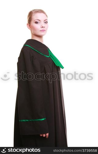 Law court or justice concept. Portrait young woman lawyer attorney wearing classic polish (Poland) black green gown isolated on white background