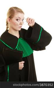 Law court or justice concept. Portrait young woman lawyer attorney wearing polish Poland black green gown on white